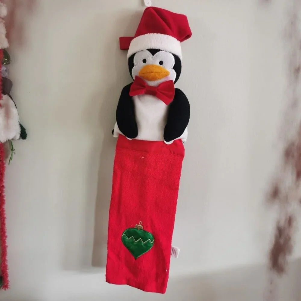 Plush Stuffed‎ Animal Penguin in Santa Hat w/ Hand towel Attachment